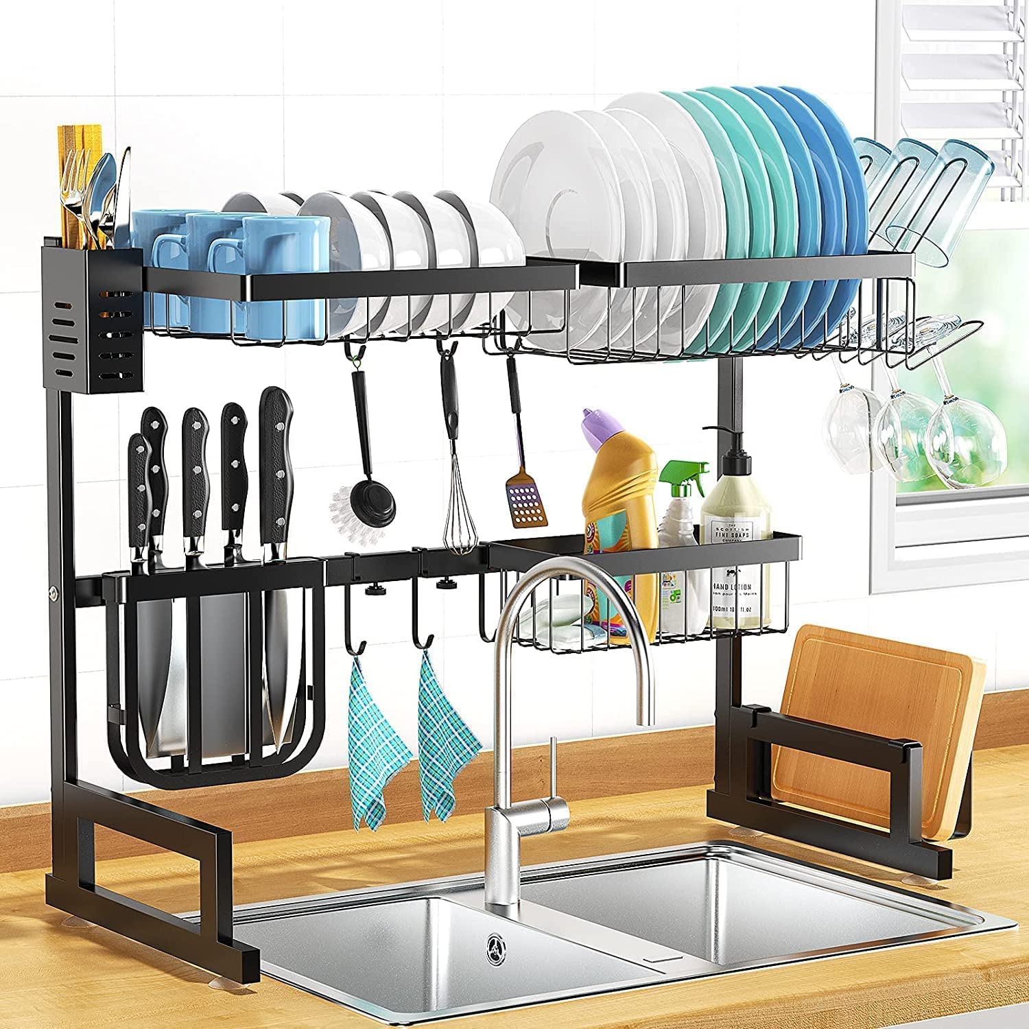 Eesyy Dish Drying Rack Dish Drainer Over Sink, 2-Tier Large Capacity Dish  Rack, Sink Organize Stand Shelf with Utensil Holder Hooks, Kitchen Dish  Washer Countertop Supplies Storage – Eesyy